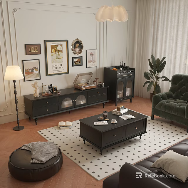 Modern Living Room Interior with Sofa Coffee Table Rug and Wall Art Decor 3d model 