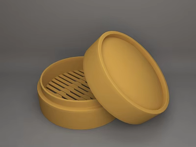 Yellow Round Bamboo Steamer with Open Lid and Steaming Rack for Kitchen Cooking 3d model