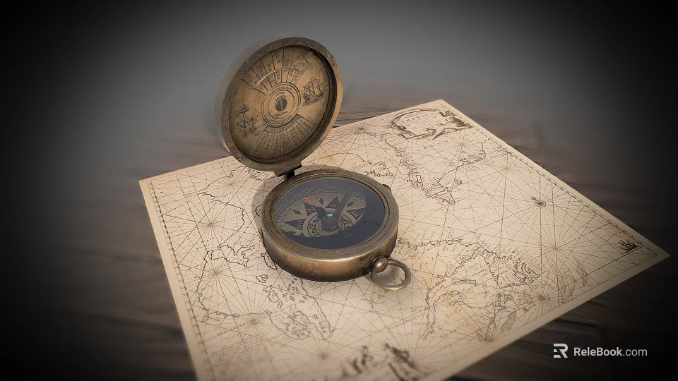 Decorative Vintage Ornament Set with Open Compass and World Map Paper on Wooden Tabletop 3d model 