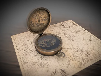 Decorative Vintage Ornament Set with Open Compass and World Map Paper on Wooden Tabletop 3d model