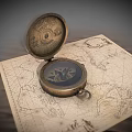 Decorative Vintage Ornament Set with Open Compass and World Map Paper on Wooden Tabletop