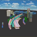 Cartoon Scene With Curved Bridge Tall Buildings Bus Boat Green Trees And Sky Reflections