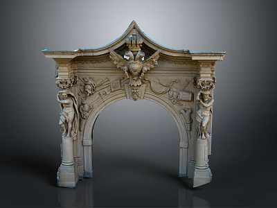 Ornate Carved Arched Entrance Gate Featuring Angel Statues And Decorative Pillars 3d model