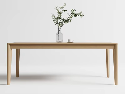 Minimalist Modern Wooden Dining Table With Clear Glass Vase Green Plant Branches And White Cup 3d model
