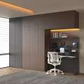 Modern Study Room Interior With Wooden Cabinets Built-in Bookshelf Desk White Office Chair And Lighting
