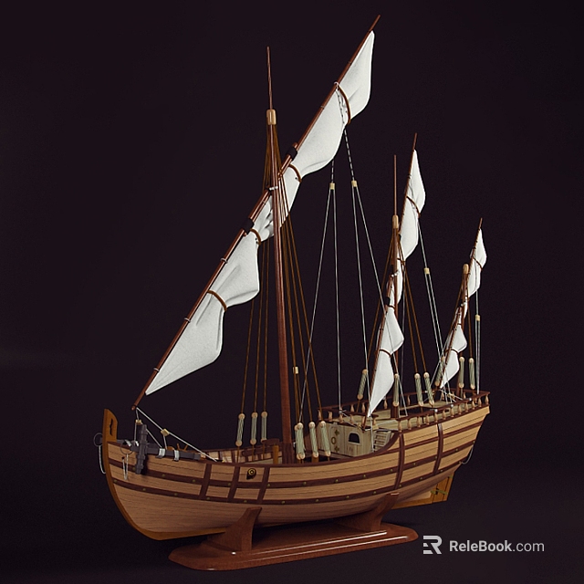 Wooden Ship With White Sails Multiple Masts And Classic Wooden Hull Design 3d model 