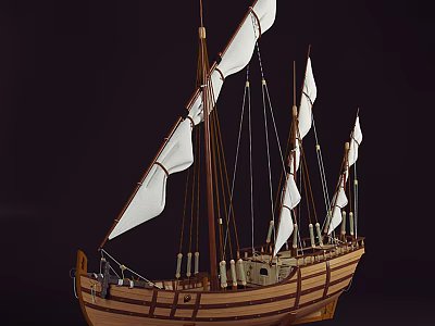 Wooden Ship With White Sails Multiple Masts And Classic Wooden Hull Design 3d model