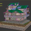 Cartoon Scene of Multi Story House With Green Roof Solar Panels Stone Walls And Balconies