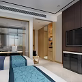 Hotel Room Interior Featuring Twin Beds Decorative Wall Art Table Lamps And Bathroom Entrance