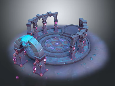 Cartoon Style Mystical Circular Platform With Arched Stone Pillars And Glowing Purple Blue Lights 3d model