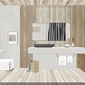 Modern Hotel Bathroom Interior With Wooden Walls Flooring Counter Sink Large Mirror And Natural Light