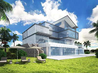Modern Detached Villa With Glass Curtain Wall Green Lawn Palm Trees And Outdoor Lounge Area 3d model