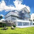 Modern Detached Villa With Glass Curtain Wall Green Lawn Palm Trees And Outdoor Lounge Area