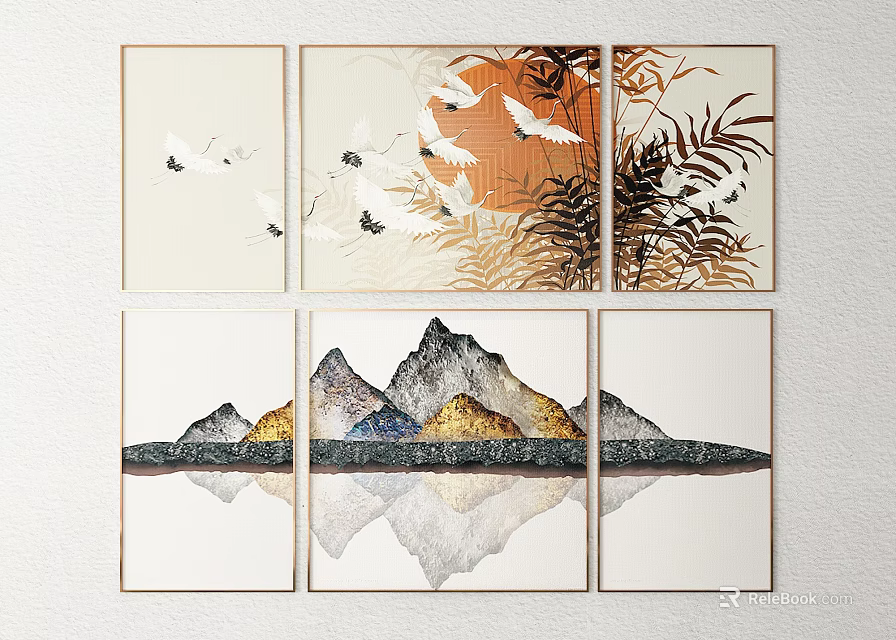 Six Panel Wall Art With Cranes Plants Mountains And Reflections 3d model