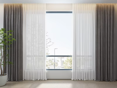 Gray Thick And White Sheer Curtains For Modern Window With Natural Light And Green Plant 3d model