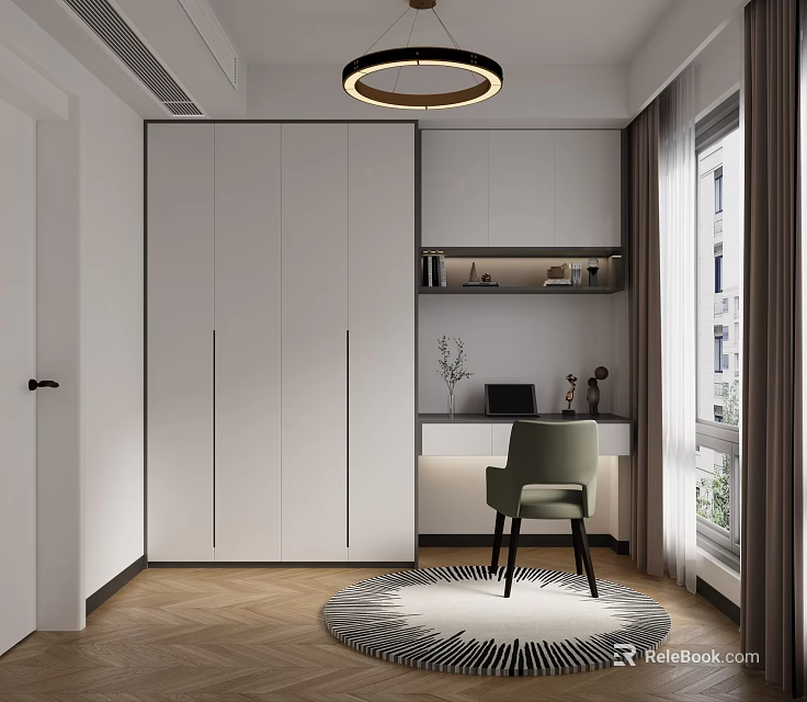 Modern Study Room Interior Design With White Cabinets Desk Laptop Green Chair And Round Rug 3d model 