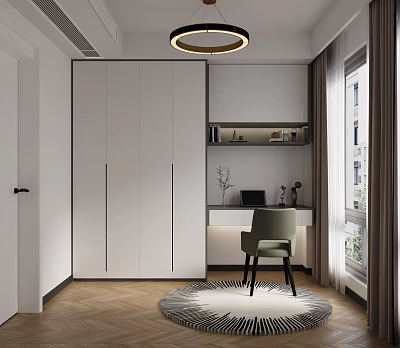 Modern Study Room Interior Design With White Cabinets Desk Laptop Green Chair And Round Rug 3d model