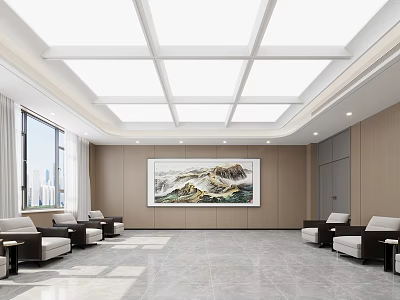Spacious Modern Reception Room With Large Windows City View And Landscape Painting 3d model