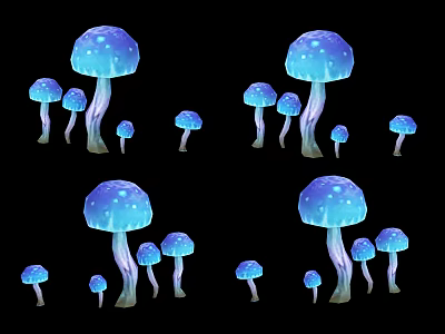 Multiple Blue Mushrooms With White Spots And White Purple Stems On Black Background 3d model