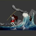 Dynamic Anime Characters And Dragon Creature Battling On Turquoise Waves With Clouds 3d model