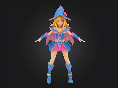 Colorful Cartoon Wizard Character With Yellow Hair Blue Hat Pink And Blue Outfit And Boots 3d model