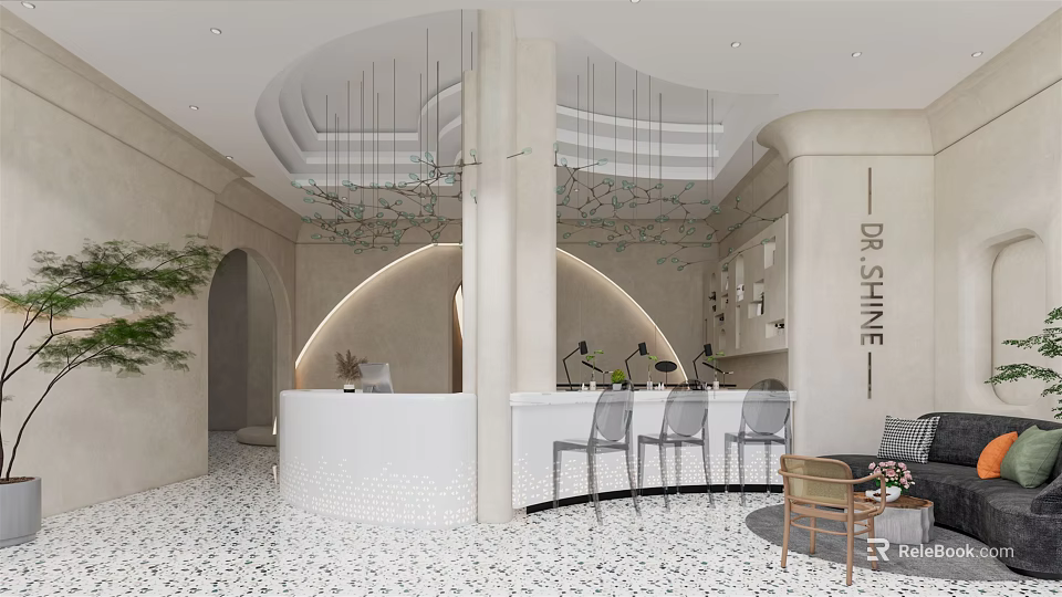 Modern Elegant Store Front Desk Design With Curved Counter And Hanging Lights 3d model 