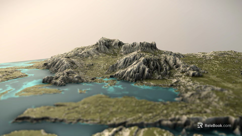 Natural Garden Landscape With Mountainous Terrain Blue Water And Lush Green Vegetation 3d model 