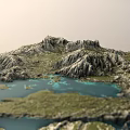 Natural Garden Landscape With Mountainous Terrain Blue Water And Lush Green Vegetation