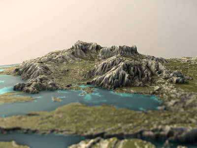 Natural Garden Landscape With Mountainous Terrain Blue Water And Lush Green Vegetation 3d model