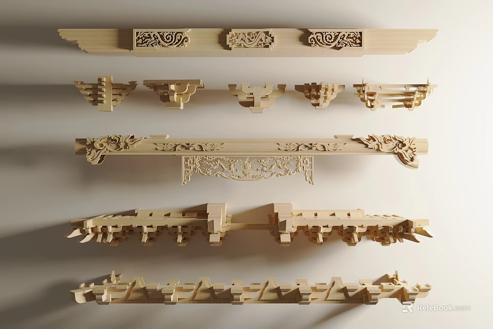 Traditional Wooden Architectural Components With Intricate Carved Patterns And Decorative Details 3d model 