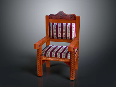 Wooden Armchair With Multicolored Striped Upholstery Carved Backrest And Decorative Legs 3d model