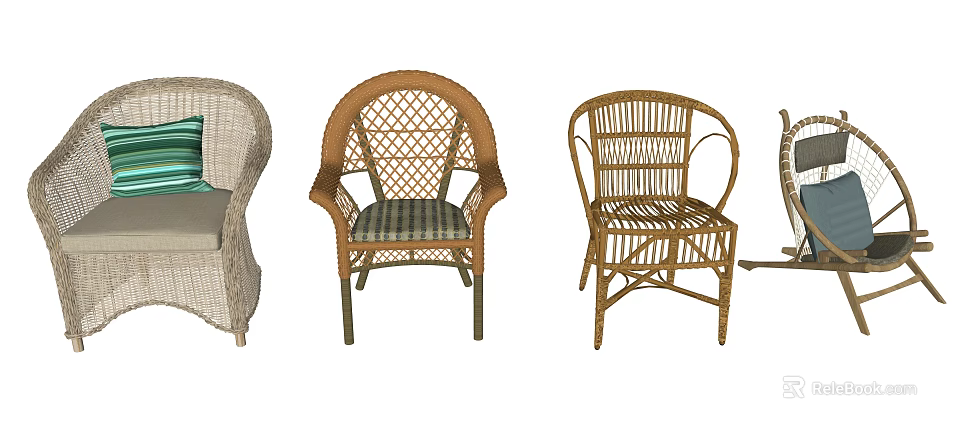 Stylish Rattan Leisure Chairs with Woven Backrests and Different Design Styles 3d model 