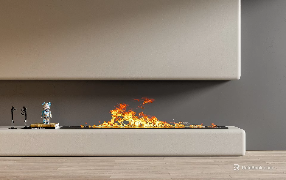 Modern Fireplace With Flames And Minimal Decor In Interior 3d model