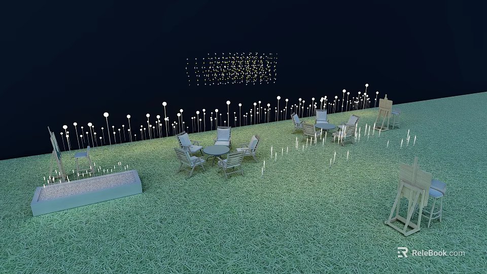 Outdoor Lights Illuminate Garden Lawn With Tables Chairs Ground And Pole Lights At Night 3d model 