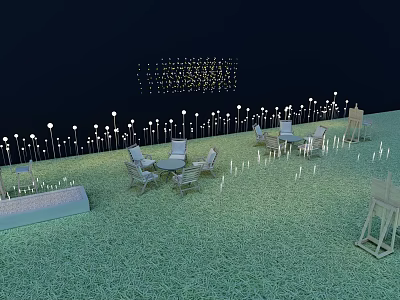 Outdoor Lights Illuminate Garden Lawn With Tables Chairs Ground And Pole Lights At Night 3d model