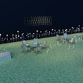 Outdoor Lights Illuminate Garden Lawn With Tables Chairs Ground And Pole Lights At Night