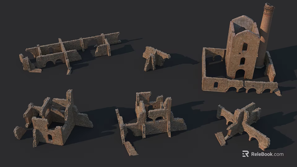 Ancient Castle Ruins Featuring Stone Architectural Components With Tower Walls And Arch Structures 3d model 