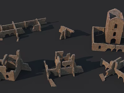Ancient Castle Ruins Featuring Stone Architectural Components With Tower Walls And Arch Structures 3d model