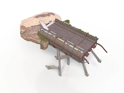 Industrial Textured Metal Structure On Rock With Leg Supports And Moss 3d model
