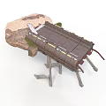 Industrial Textured Metal Structure On Rock With Leg Supports And Moss