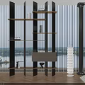 Modern Room Divider Shelf With Decorative Items Floor Lamp And Window Blinds