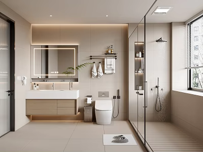 Modern Bathroom Interior With Vanity Sink Mirror Toilet Glass Shower Towel Rack And Window 3d model