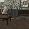 Green Framed Animal Painting In Cozy Interior With Floral Wallpaper And Puppy On Footstools
