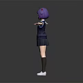 Anime Game Character With Purple Hair Dark Blue School Uniform Red Bow Tie Arms Outstretched
