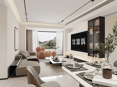 Modern Living and Dining Room Interior With Sofa Coffee Table TV Dining Table Chairs and Plants 3d model