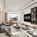 Modern Living and Dining Room Interior With Sofa Coffee Table TV Dining Table Chairs and Plants