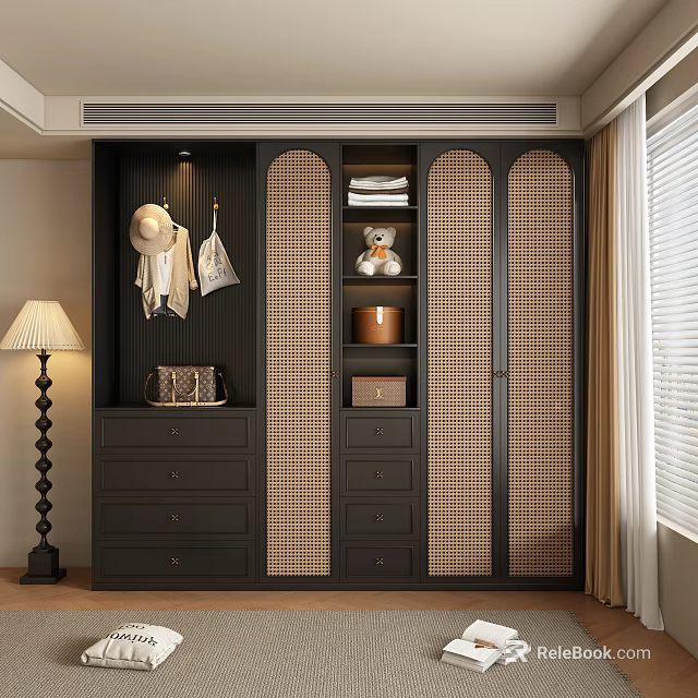 Dark Wood Wardrobe With Lattice Doors Drawers And Open Shelves Organizing Clothes Toys And Accessories 3d model 