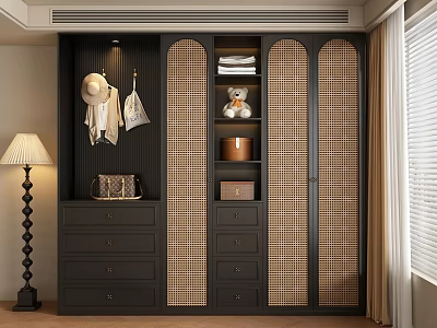 Dark Wood Wardrobe With Lattice Doors Drawers And Open Shelves Organizing Clothes Toys And Accessories 3d model