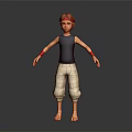 Game Character With Red Hair Blue Tank Top White Baggy Pants And Red Wristbands
