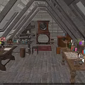 Wooden Attic Interior With Desks Bookshelves Clock Windows Carpet And Bottles